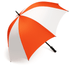 A large golf umbrella in orange and white, featuring a sturdy handle and a sleek design. It has a logo on the fabric.