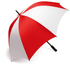 A large golf umbrella featuring a red and white design, with a sturdy handle and a branding logo.