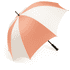 A golf umbrella with a peach and white striped canopy and a black handle, featuring a logo on the side.