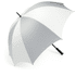 A large grey and white golf umbrella with a black handle and a logo on the shaft.