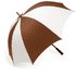 A golf umbrella featuring a brown and white striped design with a sturdy handle and a logo.