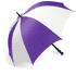 A large golf umbrella featuring a purple and white striped design with a black handle. It has a logo on the fabric.