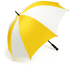 A large umbrella with yellow and white panels, featuring a black handle and a logo on the shaft.