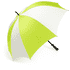 A golf umbrella featuring a vibrant green and white design, with a black handle and a logo on the canopy.