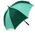 A green and cyan golf umbrella with a curved handle and a large canopy, featuring a logo.