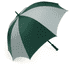 A large golf umbrella in dark green and light grey, featuring a curved handle and a logo on the canopy.