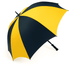 A golf umbrella in yellow and black with a curved handle and a logo on the canopy.
