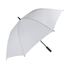 A large white golf umbrella with a black handle and a logo on the canopy.