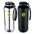 A drink bottle set featuring a shiny silver bottle and a matte black bottle, both with a logo and carry strap.