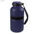 A drink bottle in navy blue with a black strap and a lid, featuring a logo. Ideal for holding beverages.