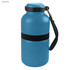 A drink bottle in royal blue with a black strap and a black band around the middle, featuring a logo on the side.