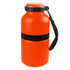 An orange vacuum bottle with a black strap and a black band around the middle, featuring a lid and a handle.