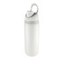 A drink bottle in white with a grey lid and a carrying handle, featuring a logo on the side.