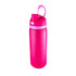 A drink bottle in vibrant pink with a flip-top lid and a carrying handle. It features a logo on the side.