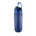 A drink bottle in navy blue with a flip-top lid and a handle. It features a logo on its body.