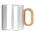 A glass coffee cup with a bamboo handle, featuring a clear design and sleek lines.