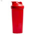 A drink bottle in vibrant red, featuring a screw-on lid and a logo. Ideal for protein shakes and smoothies.