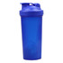 A drink bottle in translucent blue with a secure lid and a branding logo, designed for protein shakes.