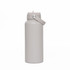 A drink bottle in a neutral grey colour featuring a flip-top lid and a carrying handle. It has a logo on the side.