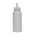 A drink bottle in a light grey colour with a handle and a logo on the side.