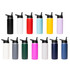 A drink bottle collection featuring various colours including black, white, red, blue, yellow, and purple, with flip top lids.