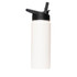 A drink bottle in white with a black flip top lid, featuring a simple design and a logo.