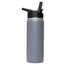 A drink bottle in matte grey with a black flip top lid and a logo on the side.