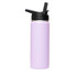 A drink bottle with a flip top lid in a soft lavender colour, featuring a black lid and a logo.