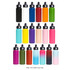A drink bottle display featuring various colours including black, white, blue, orange, yellow, purple, pink, and green with carry handle lids.