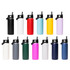 A drink bottle collection featuring 14 vacuum bottles in various colours including black, white, red, blue, yellow, purple, green, and pink. Each has a rotating carry handle lid and a logo.