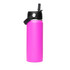 A drink bottle in bright pink with a black rotating carry handle lid and a silver accent. Features a logo.