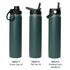 A drink bottle in green, featuring three lid options: screw cap, flip top, and rotating carry handle.