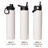 A drink bottle in white featuring three different lid options: screw cap, flip top, and rotating carry handle.