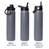 A drink bottle featuring a sleek grey design with three different lid options: screw cap, flip top, and rotating carry handle.