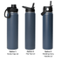 A drink bottle in dark blue featuring three lid options: screw cap, flip top, and rotating carry handle.