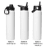 A drink bottle with a sleek white design featuring three lid options: screw cap, flip top, and rotating carry handle.