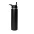A drink bottle featuring a matte black finish, slim design, and a flip top lid, with a logo on the side.