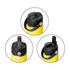A drink bottle with a bright yellow body and a black rotating carry handle lid, featuring different lid openings.