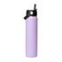 A drink bottle in lavender colour with a black rotating carry handle lid and a logo.