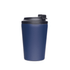 A reusable 360ml double-walled coffee cup in navy blue with a black lid and a logo.