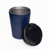 A 360ml double-walled coffee cup in navy blue, featuring a black lid and an inner stainless steel lining.