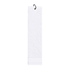 A cotton golf towel in white featuring a hanging loop and a stitched hem.