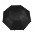 A black golf umbrella with an octagonal shape and a central handle, featuring a logo.
