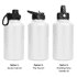 A drink bottle featuring three lid options: screw cap, flip top, and rotating carry handle, in a sleek white design.