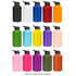 A drink bottle collection featuring various colours, including black, blue, orange, white, green, purple, and pink, with flip top lids.