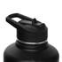 A drink bottle with a matte black finish and a flip top lid, featuring a circular silver band around the neck.