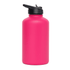 A drink bottle in bright pink with a black flip top lid. It features a logo on the side.