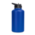 A drink bottle in a matte blue finish, featuring a flip top lid and a stainless steel design.