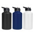 A drink bottle collection featuring three 1800ml vacuum bottles in black, navy blue, and white with flip top lids and branding.