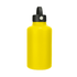 A drink bottle in bright yellow with a black rotating carry handle lid, featuring a logo on the body.